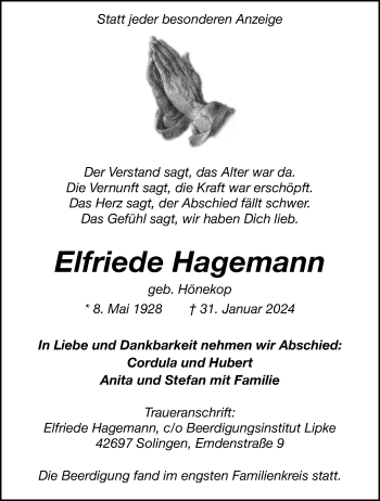Anzeige von Elfriede Hagemann 