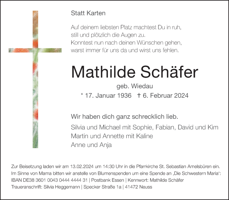  Traueranzeige für Mathilde Schäfer vom 10.02.2024 aus 