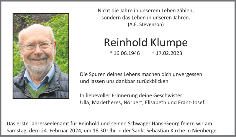  Traueranzeige für Reinhold Klumpe vom 17.02.2024 aus 