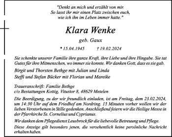 Anzeige von Klara Wenke 