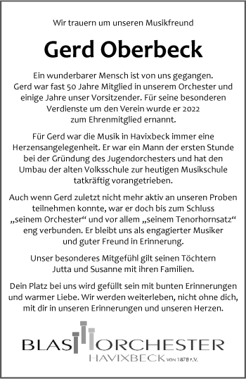 Anzeige von Gerd Oberbeck 