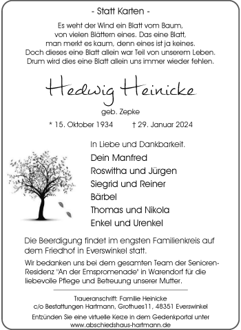 Anzeige von Hedwig Heinicke 