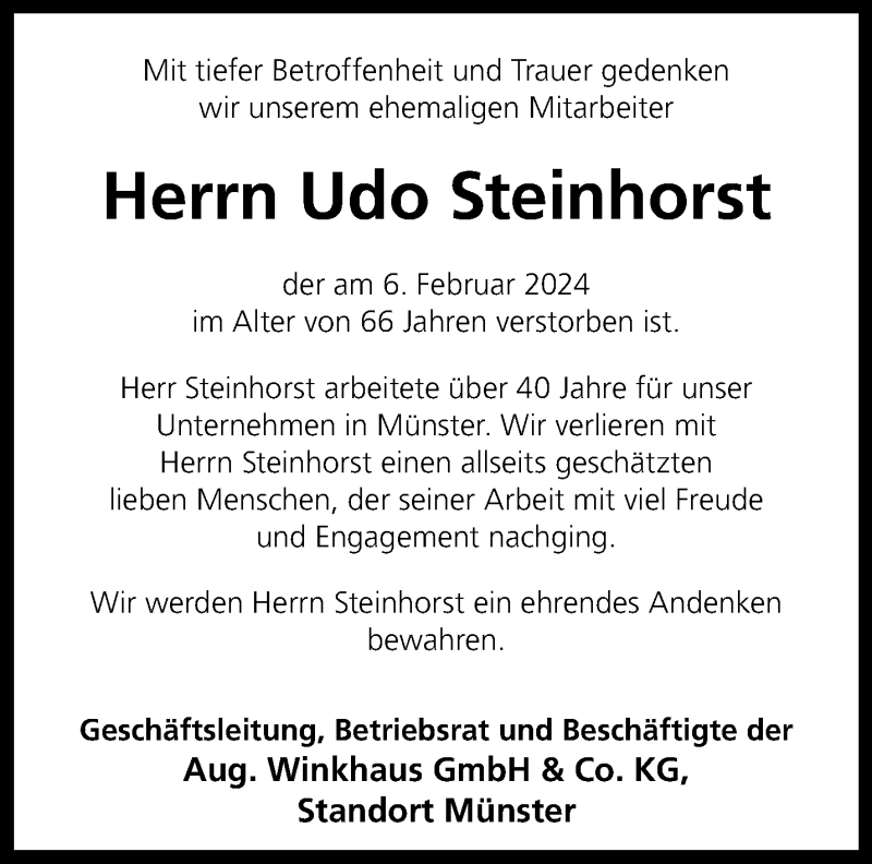  Traueranzeige für Udo Steinhorst vom 21.02.2024 aus 