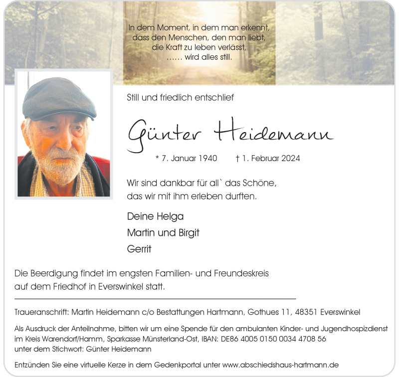  Traueranzeige für Günter Heidemann vom 07.02.2024 aus 