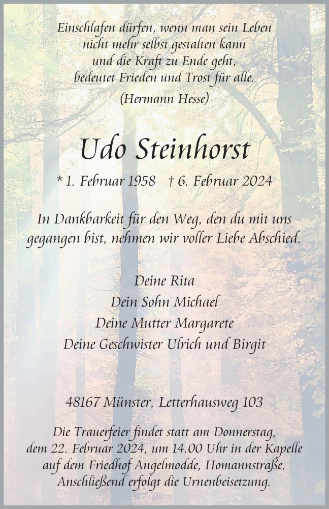  Traueranzeige für Udo Steinhorst vom 17.02.2024 aus 