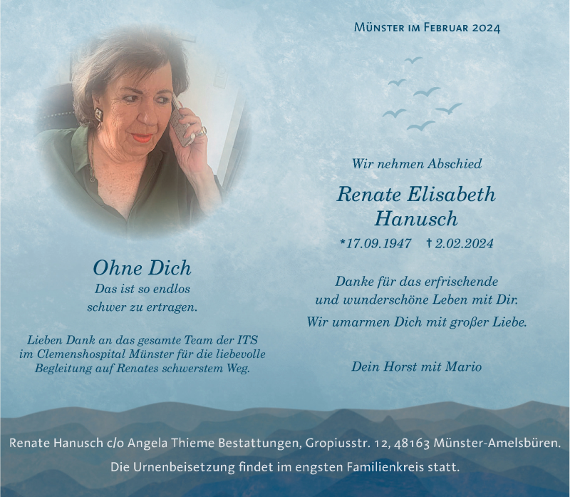  Traueranzeige für Renate Elisabeth Hanusch vom 10.02.2024 aus 