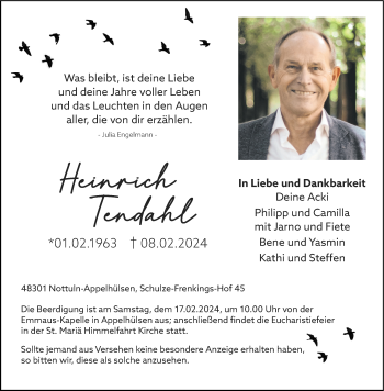 Anzeige von Heinrich Tendahl 