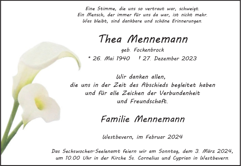  Traueranzeige für Thea Mennemann vom 24.02.2024 aus 