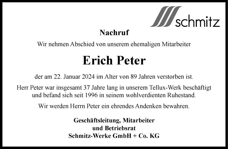  Traueranzeige für Erich Peter vom 09.02.2024 aus 