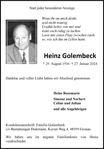 Anzeige von Heinz Golembeck 