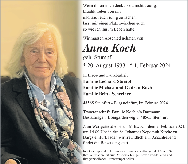  Traueranzeige für Anna Koch vom 03.02.2024 aus 