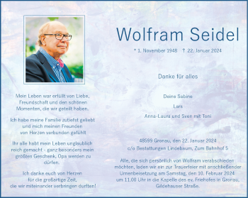 Anzeige von Wolfram Seidel 