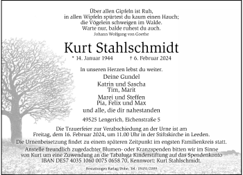 Anzeige von Kurt Stahlschmidt 