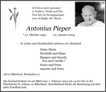 Anzeige von Antonius Pieper 