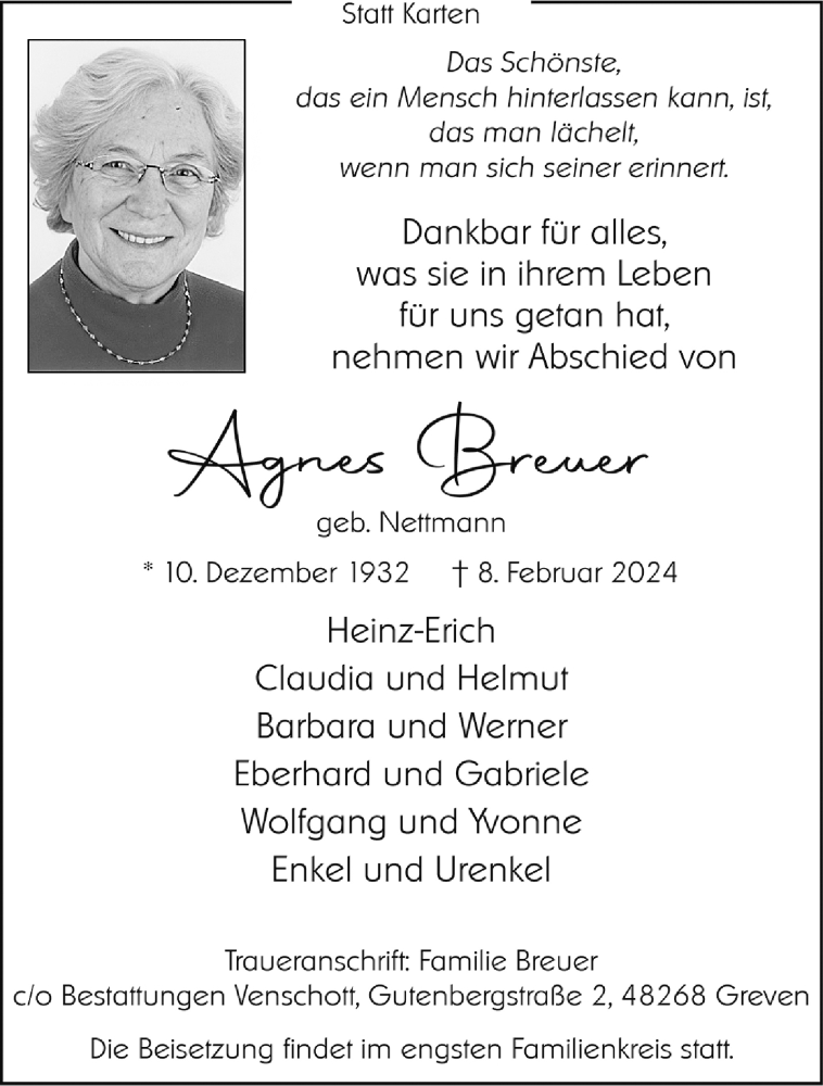  Traueranzeige für Agnes Breuer vom 17.02.2024 aus 