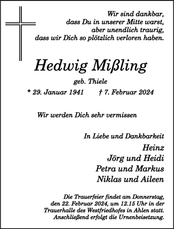 Anzeige von Hedwig Mißling 