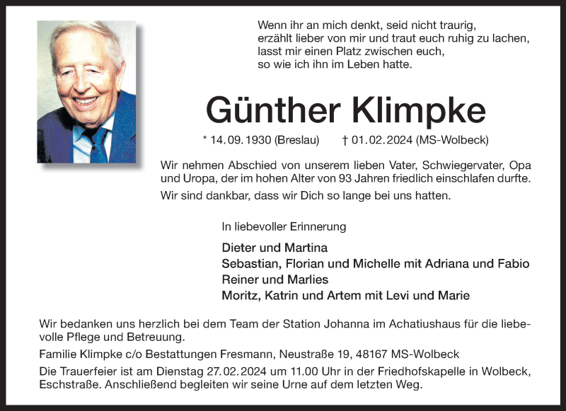  Traueranzeige für Günther Klimpke vom 17.02.2024 aus 