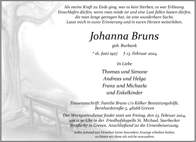  Traueranzeige für Johanna Bruns vom 17.02.2024 aus 