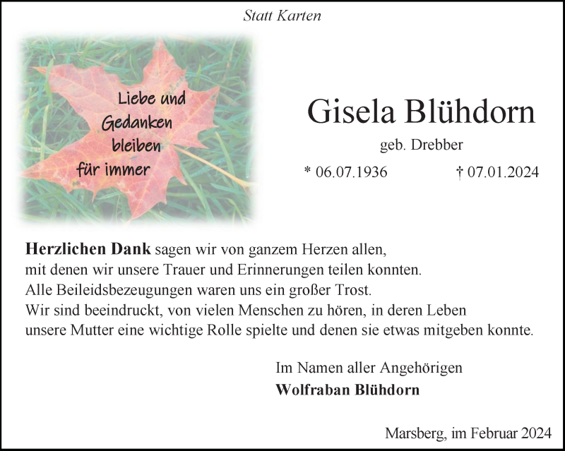  Traueranzeige für Gisela Blühdorn vom 17.02.2024 aus 