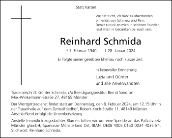 Anzeige von Reinhard Schmida 