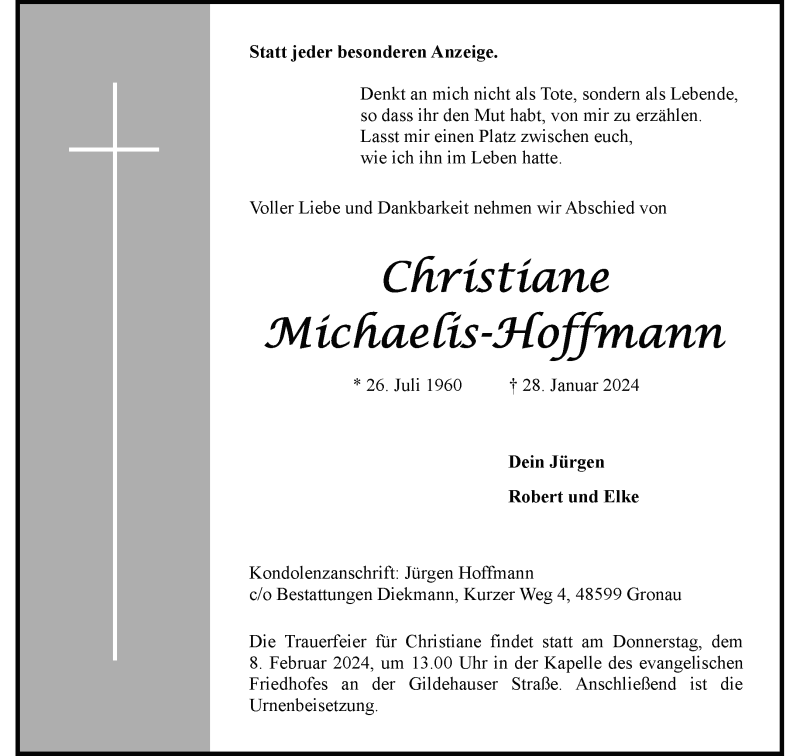  Traueranzeige für Christiane Michaelis-Hoffmann vom 03.02.2024 aus 