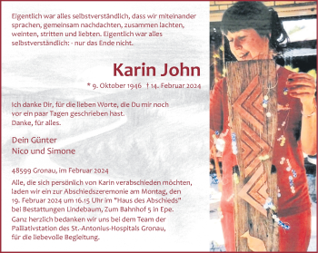 Anzeige von Karin John 