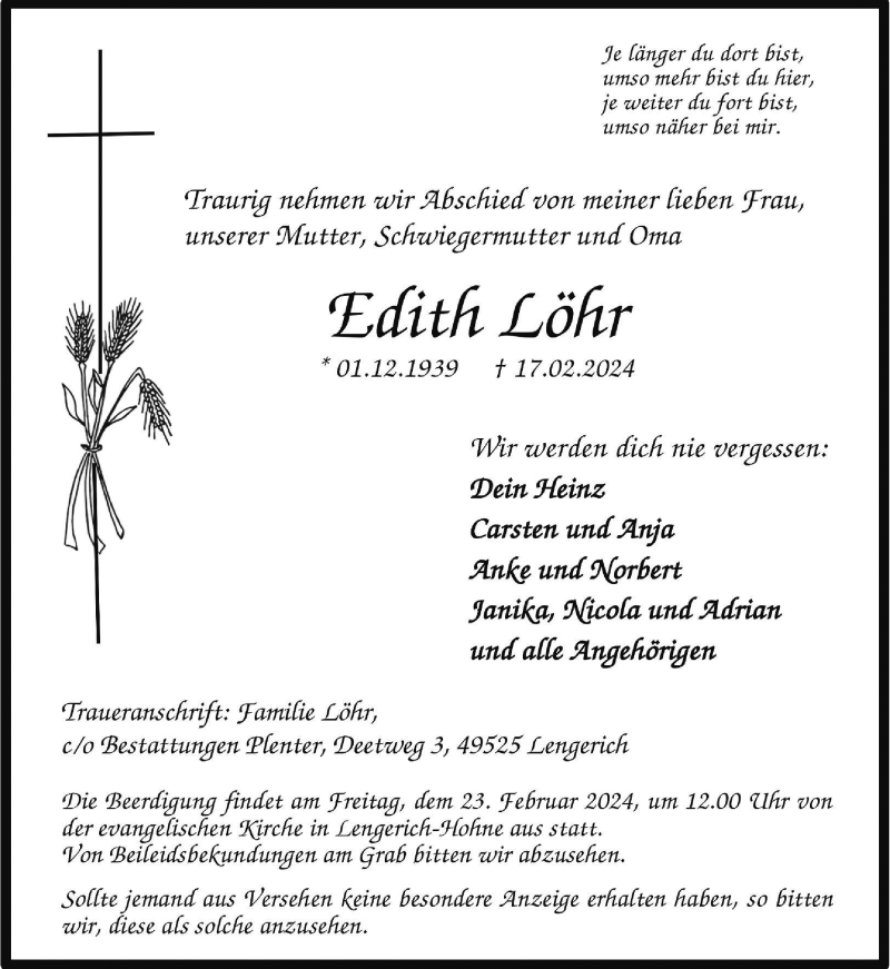  Traueranzeige für Edith Löhr vom 22.02.2024 aus 