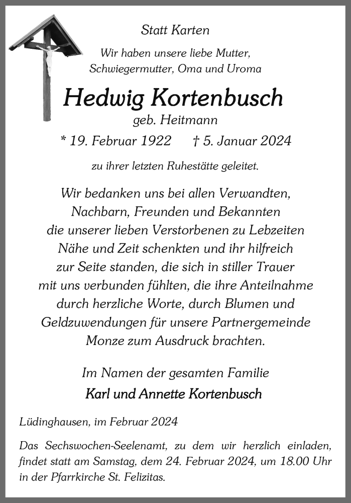  Traueranzeige für Hedwig Kortenbusch vom 17.02.2024 aus 