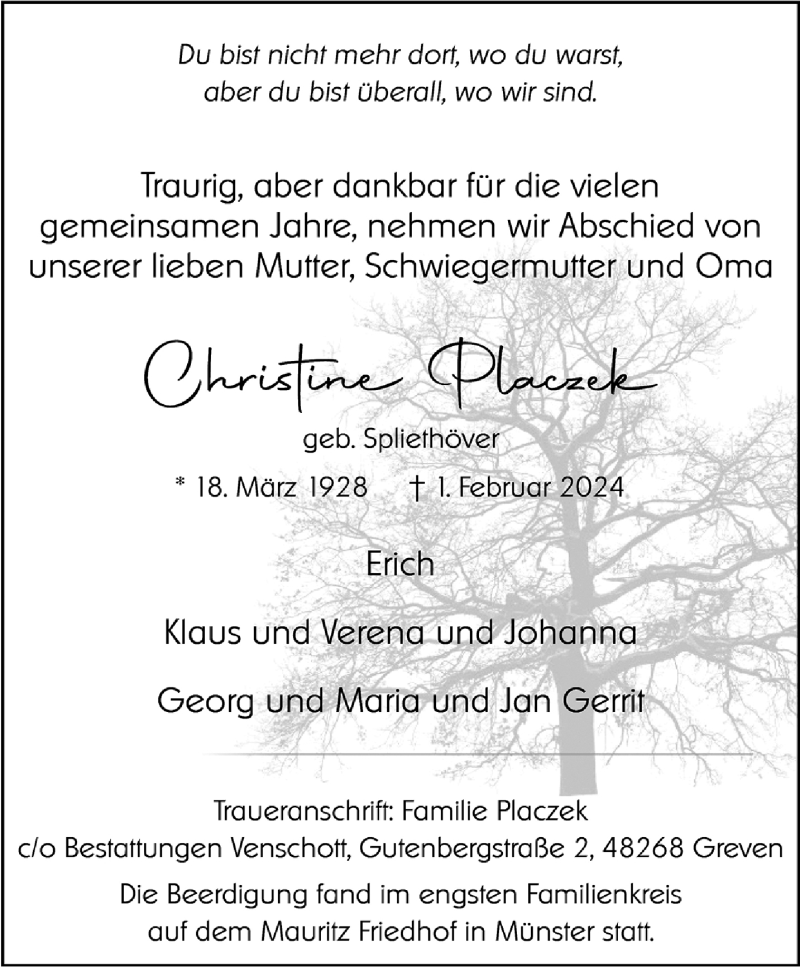  Traueranzeige für Christine Placzek vom 10.02.2024 aus 