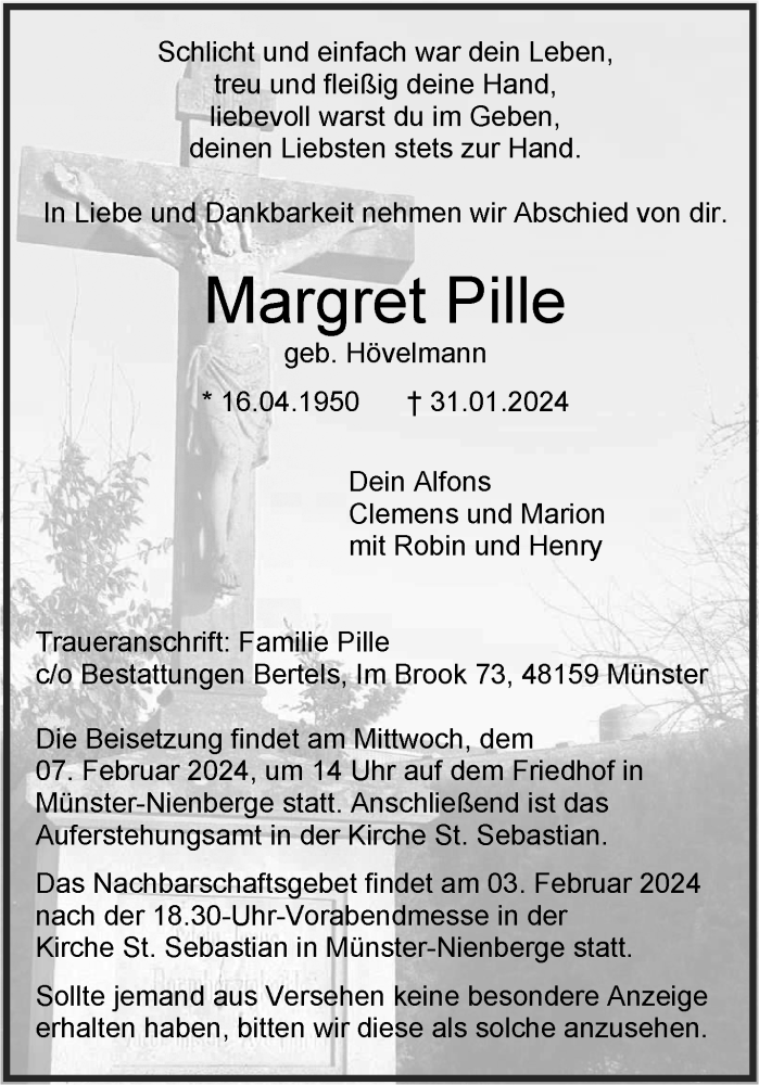  Traueranzeige für Margret und Alfons Pille vom 03.02.2024 aus 