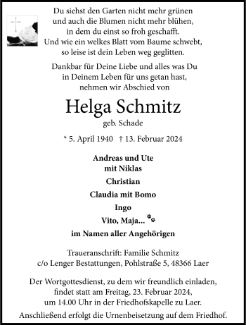Anzeige von Helga Schmitz 