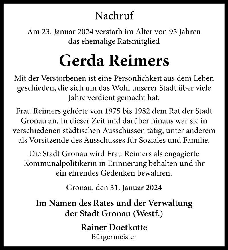  Traueranzeige für Gerda Reimers vom 02.02.2024 aus 