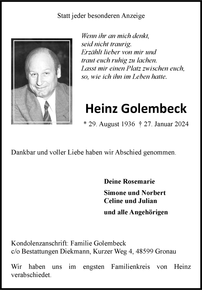  Traueranzeige für Heinz Golembeck vom 03.02.2024 aus 