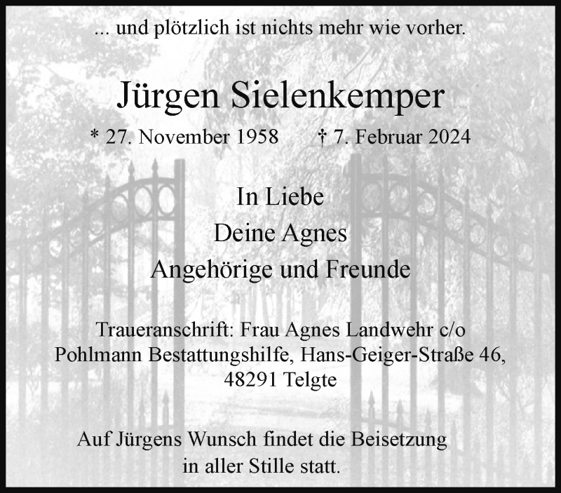  Traueranzeige für Jürgen Sielenkemper vom 20.02.2024 aus 