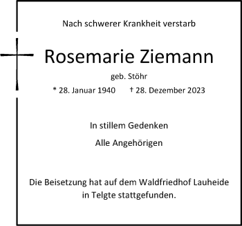 Anzeige von Rosemarie Ziemann 