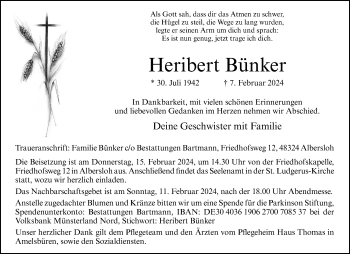 Anzeige von Heribert Bünker 