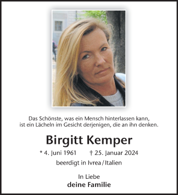 Anzeige von Birgitt Kemper 
