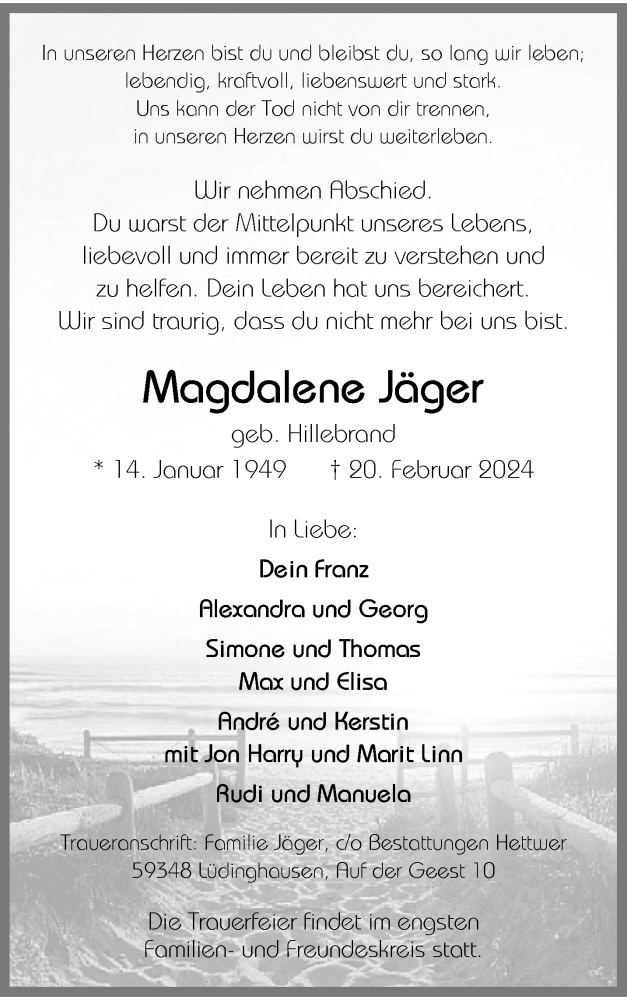  Traueranzeige für Magdalene Jäger vom 24.02.2024 aus 