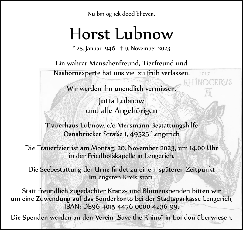  Traueranzeige für Horst Lubnow vom 15.11.2023 aus 