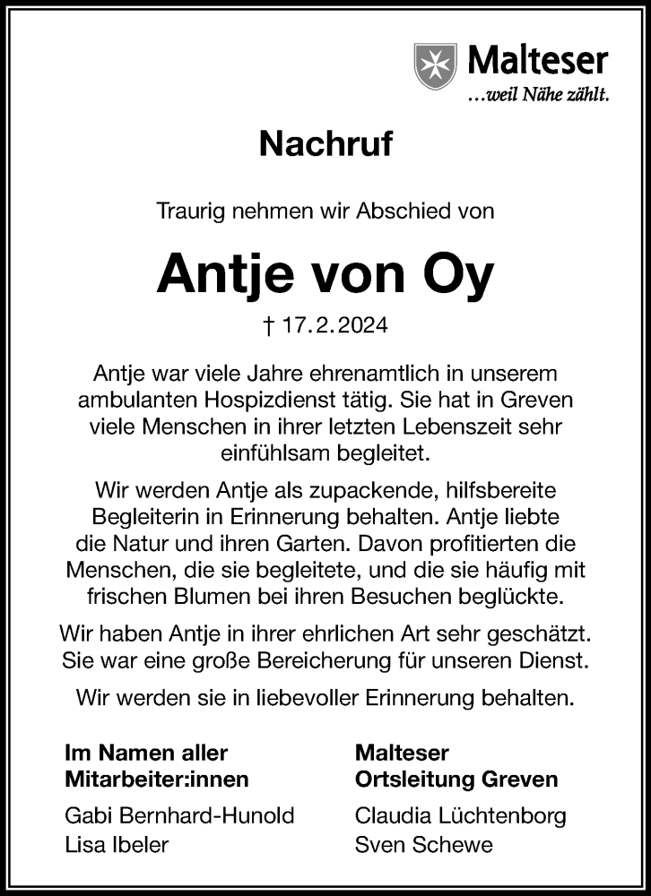  Traueranzeige für Antje von Oy vom 09.03.2024 aus 