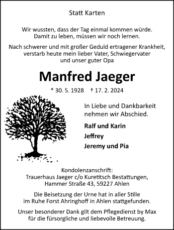 Anzeige von Manfred Jaeger 