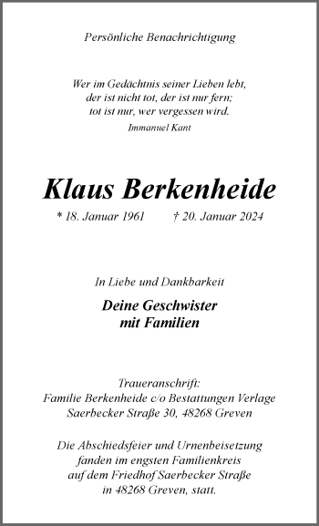 Anzeige von Klaus Berkenheide 