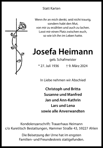 Anzeige von Josefa Heimann 