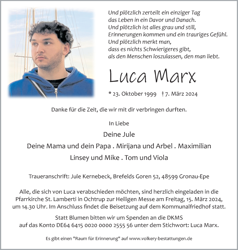  Traueranzeige für Luca Marx vom 12.03.2024 aus 