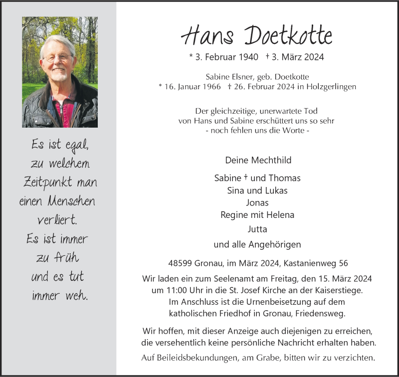  Traueranzeige für Hans Doetkotte vom 12.03.2024 aus 
