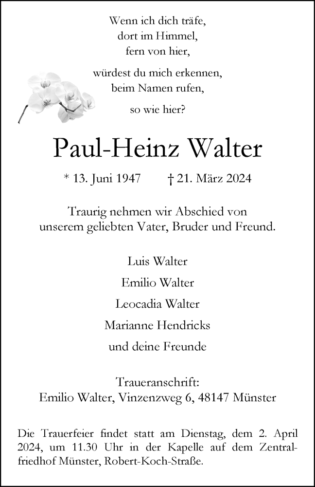  Traueranzeige für Paul-Heinz Walter vom 29.03.2024 aus 