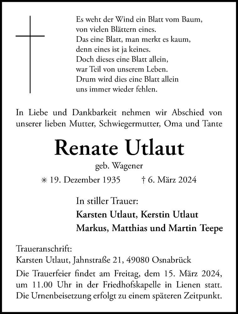  Traueranzeige für Renate Utlaut vom 14.03.2024 aus 