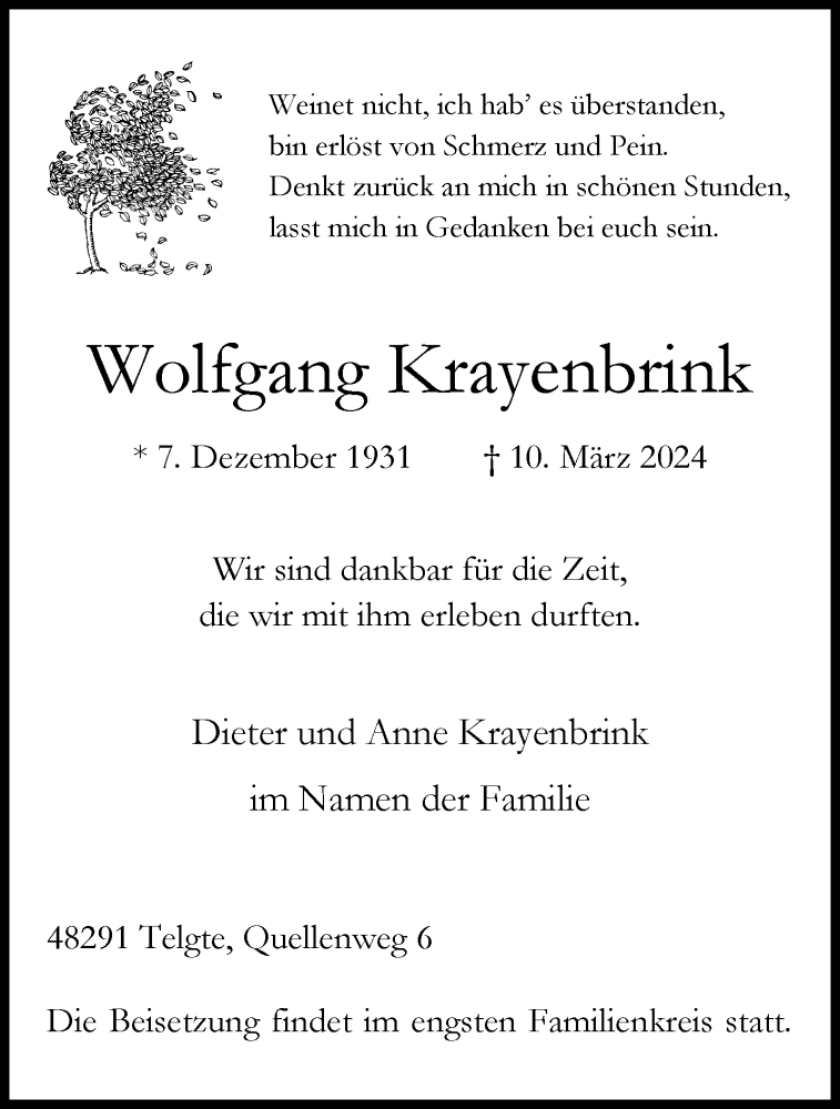  Traueranzeige für Wolfgang Krayenbrink vom 16.03.2024 aus 