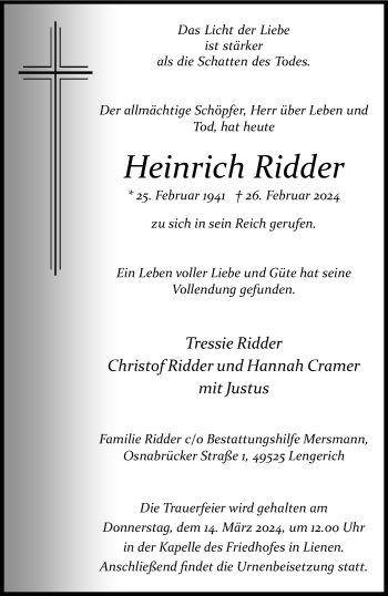Anzeige von Heinrich Ridder 