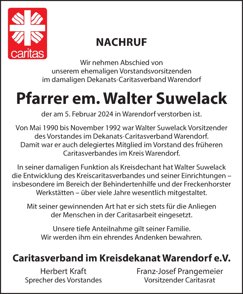  Traueranzeige für Walter Suwelack vom 14.02.2024 aus 